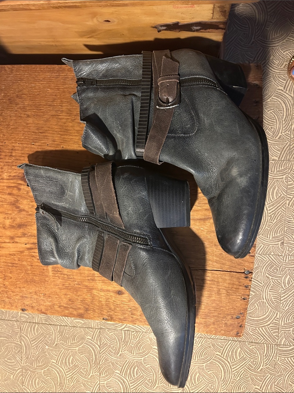 Women’s Gray Leather Ankle Boots with Brown Suede Straps
